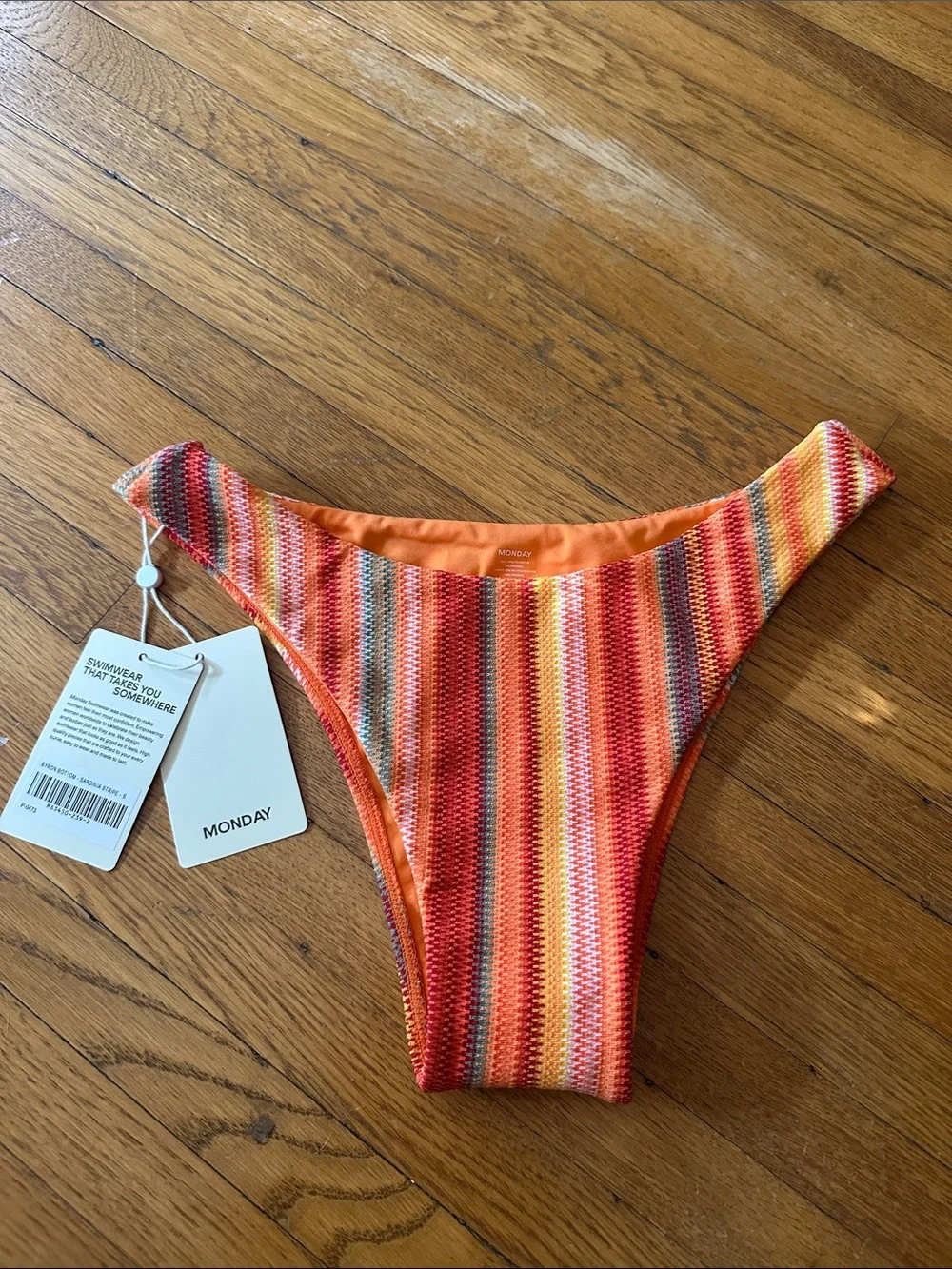 NWT Monday Swimwear Orange Multi-Stripe High-Cut Bikini Bottom